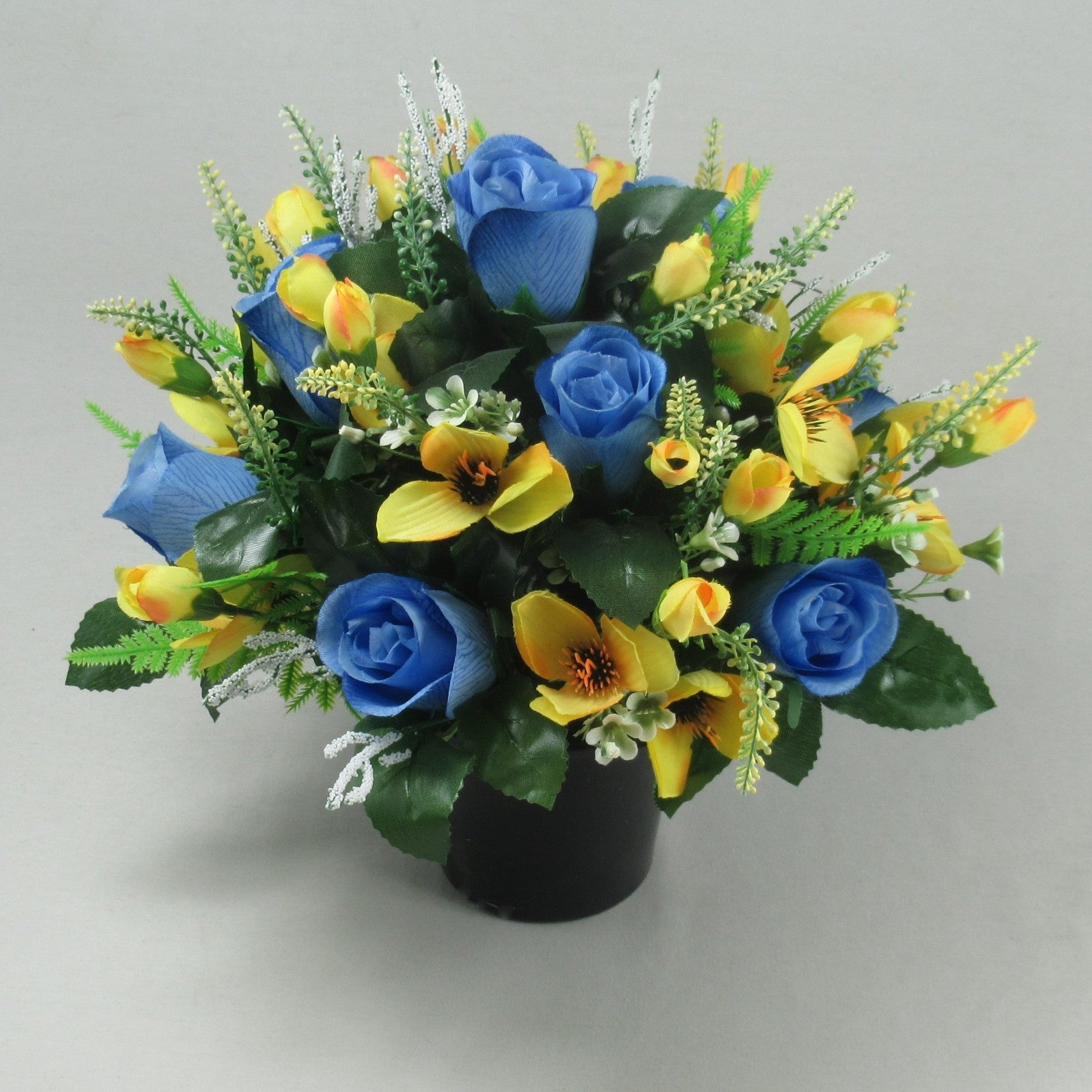 Artificial Grave Flower Arrangement in Pot Blue Roses 25cm Long Lasting