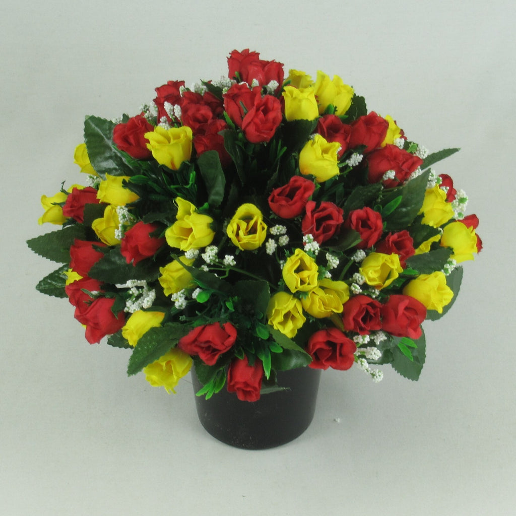 Front view of red and yellow artificial silk flower arrangement, 23cm, black pot