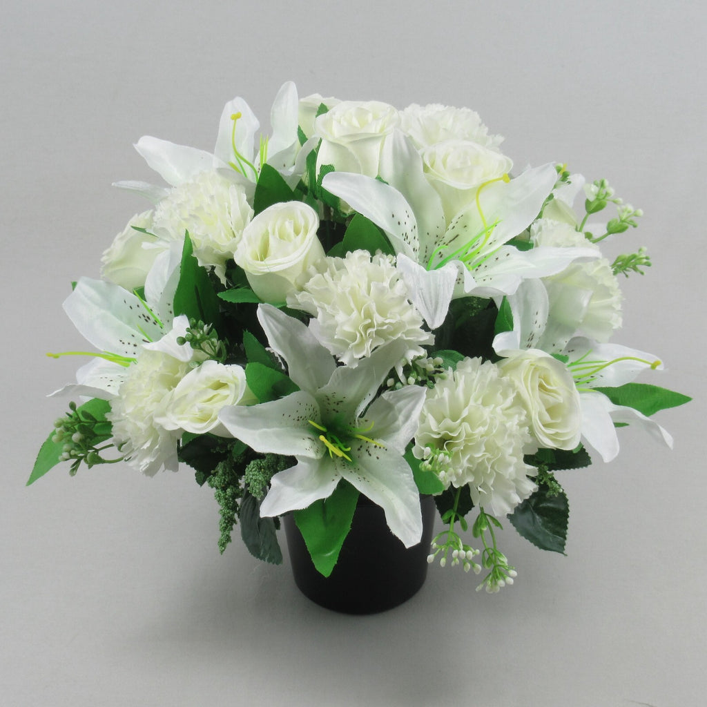 Beautiful White Artificial flower pot Arrangement in grave/memorial Crem Pot