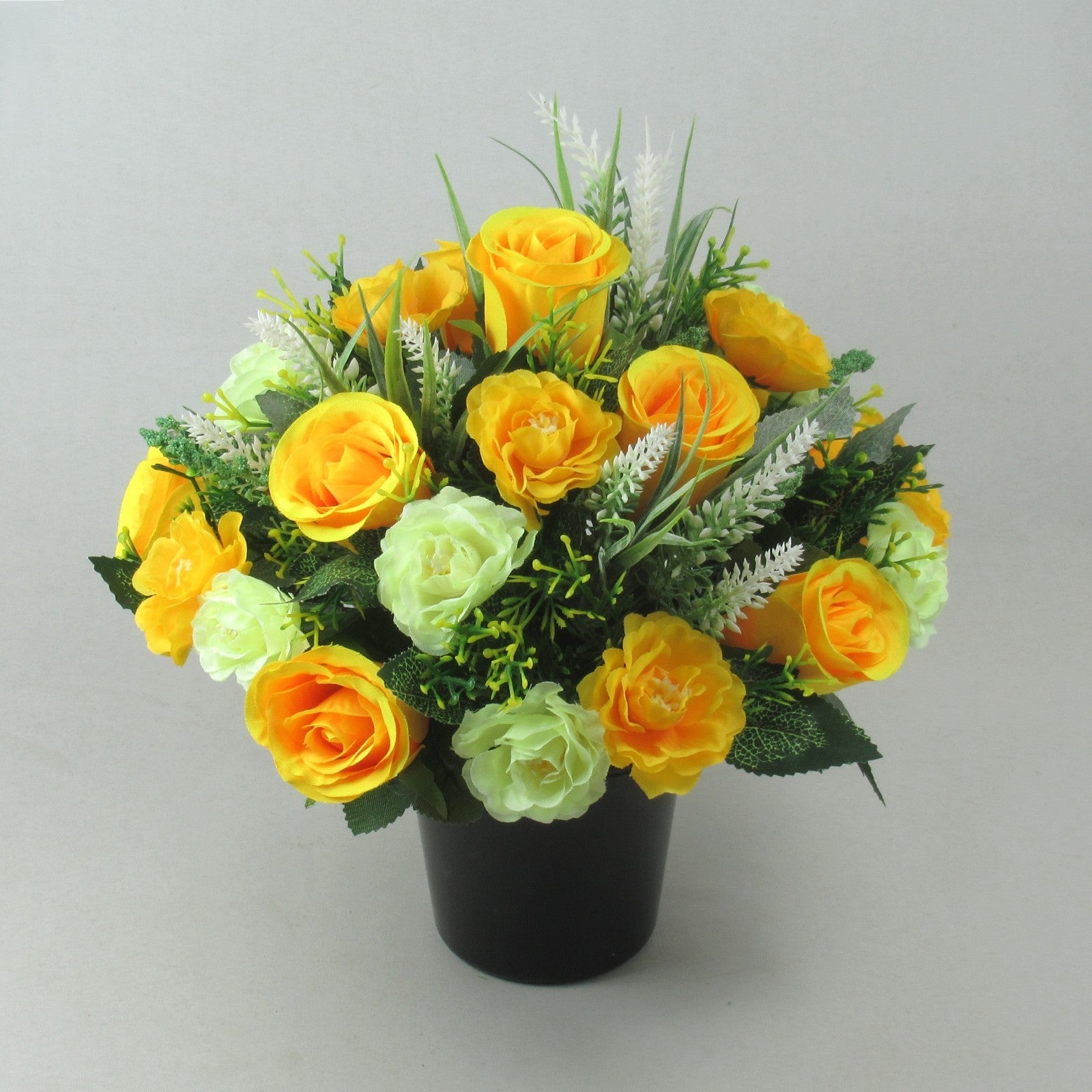 Artificial silk flowers memorial Grave arrangement Yellow Rosebuds Long Lasting