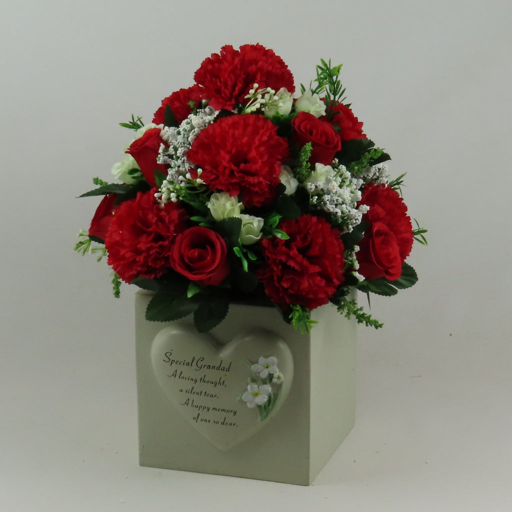 Artificial red rose & carnation memorial arrangement in light gray engraved keepsake box