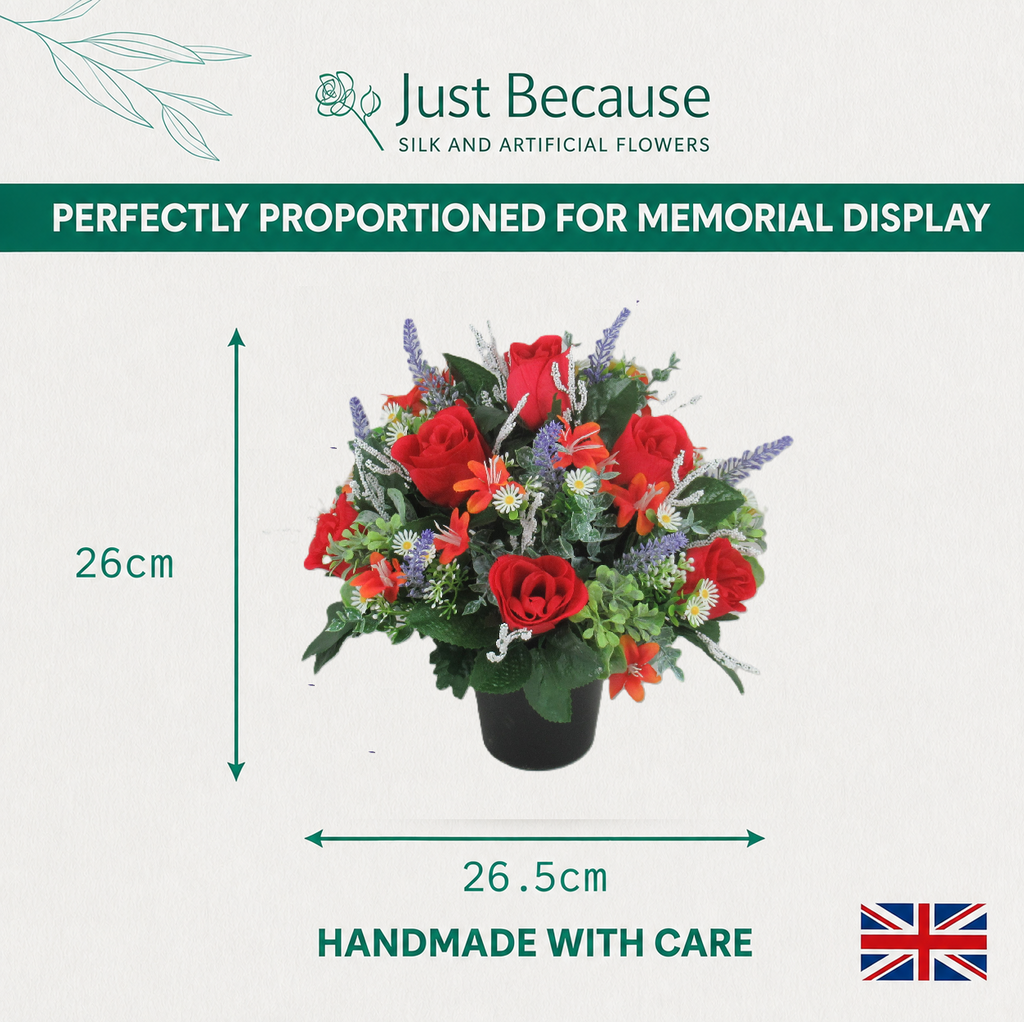 Autumn Artificial Grave Flower Arrangement with Roses Blossom 26cm Long Lasting
