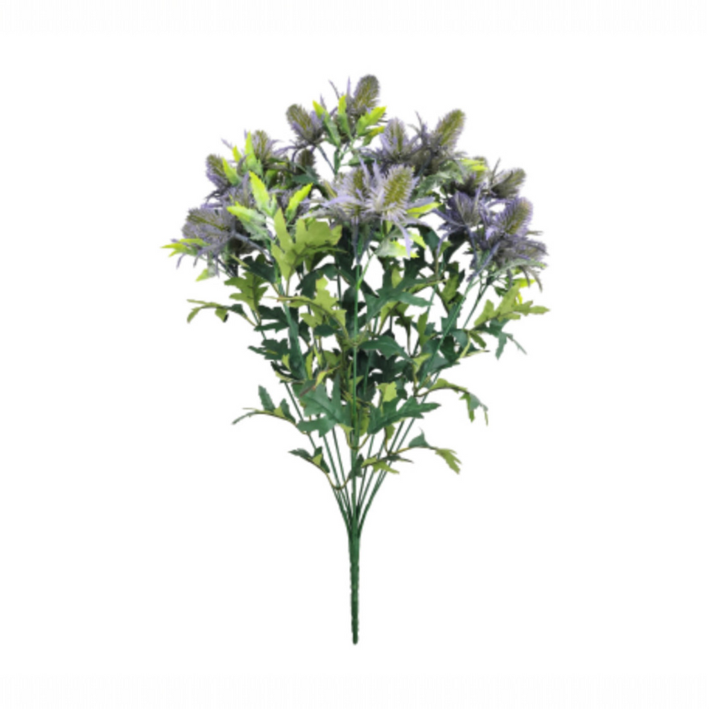 Artificial thistle bush with 36 purple flower heads and green foliage, 12 stems