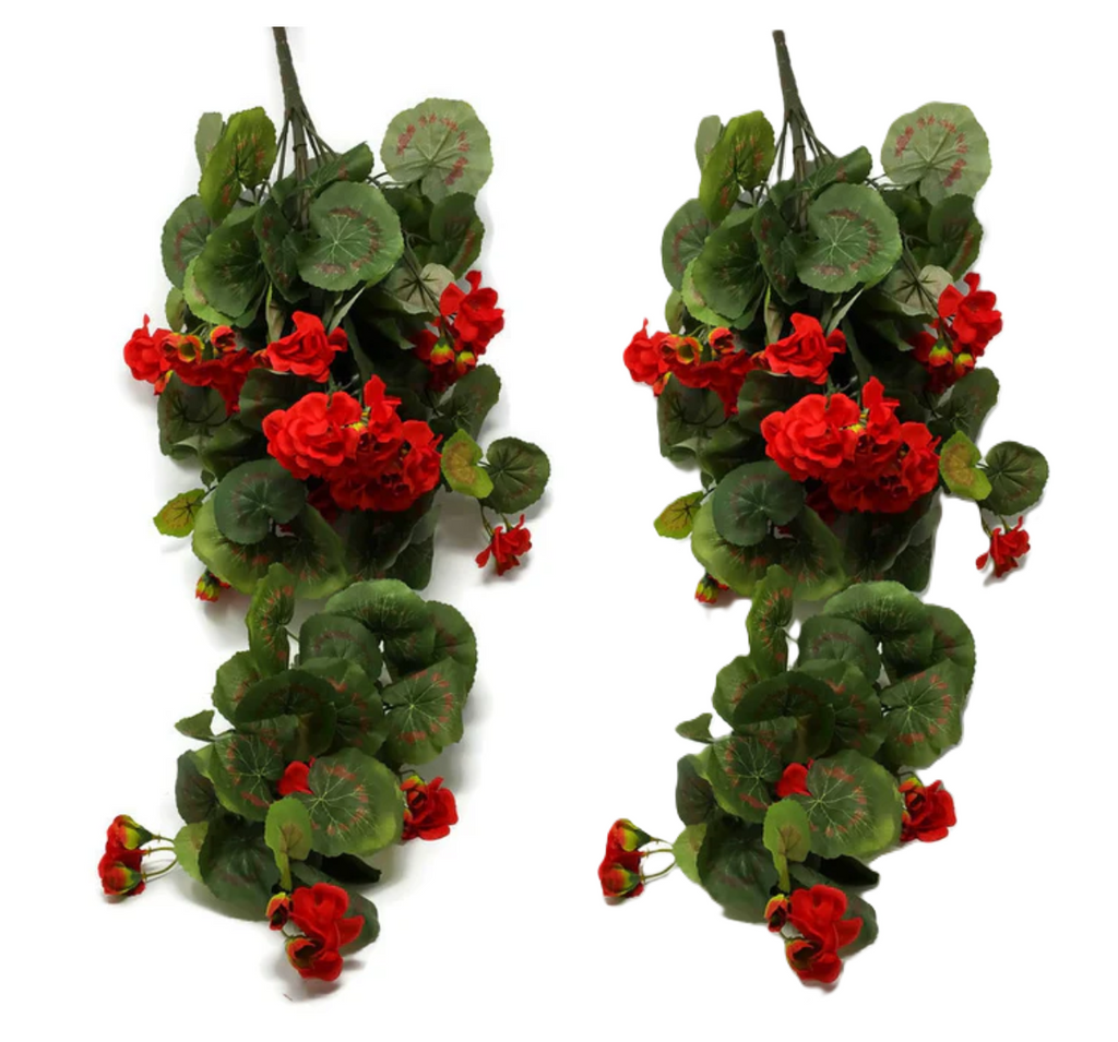 Artificial trailing geranium hanging basket set with red blooms and green leaves, two bushes