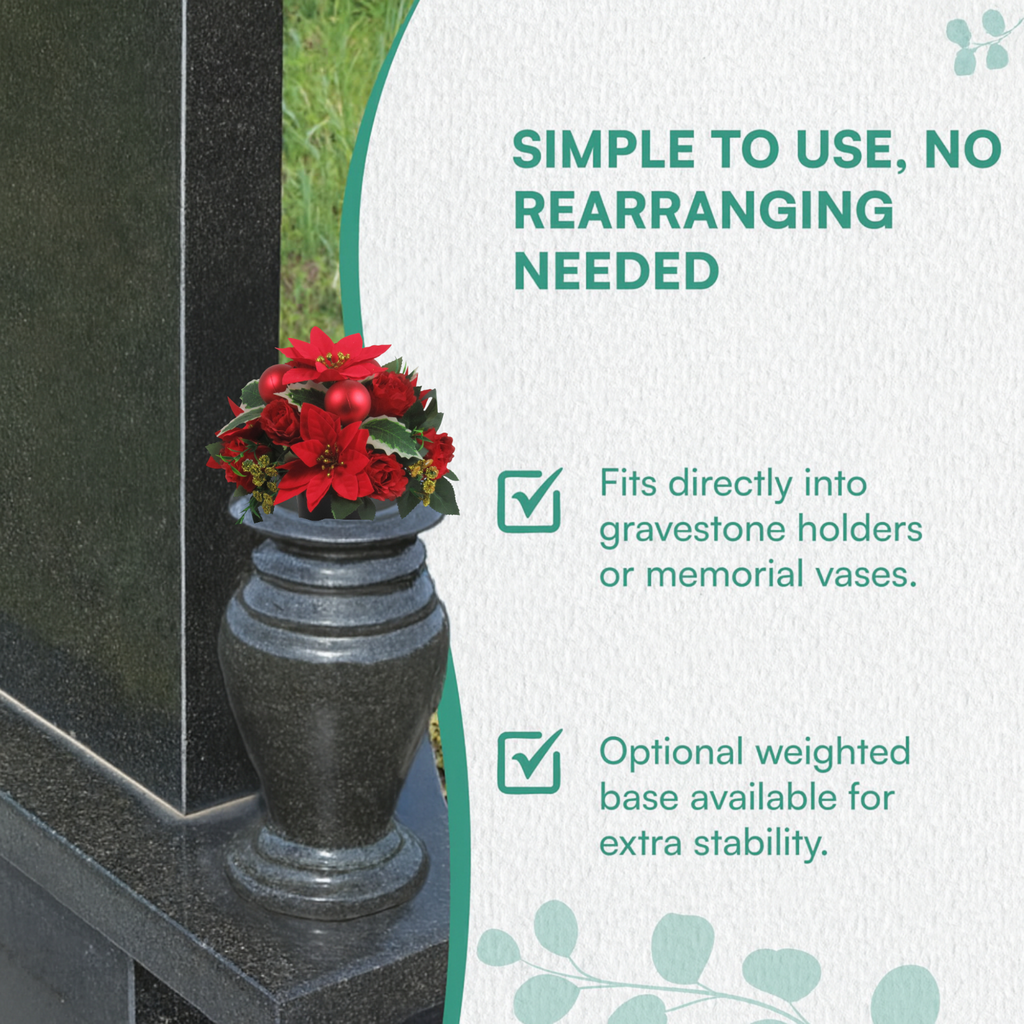 Christmas grave flower arrangement - red poinsettias, baubles 25cm