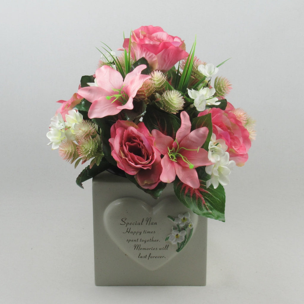 Artificial Grave Flower Arrangement in Pot Pink rose lily 26cm Long Lasting