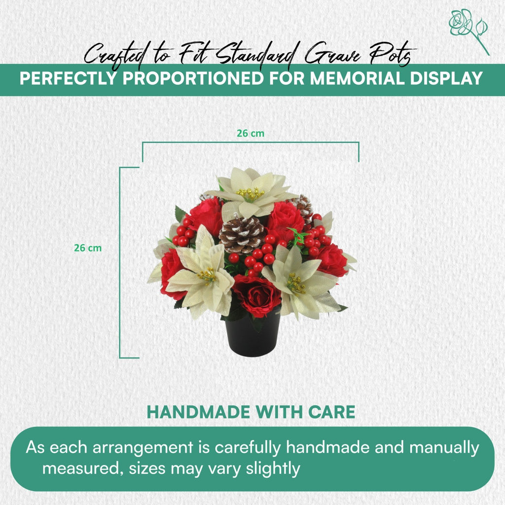 Christmas grave flower arrangement - gold poinsettias, roses, pinecones 26cm