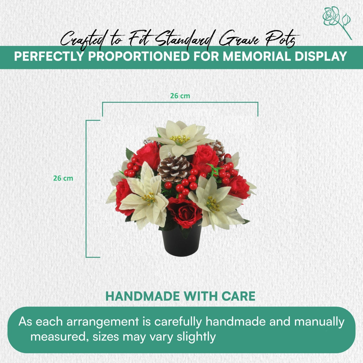 Christmas grave flower arrangement - gold poinsettias, roses, pinecones 26cm