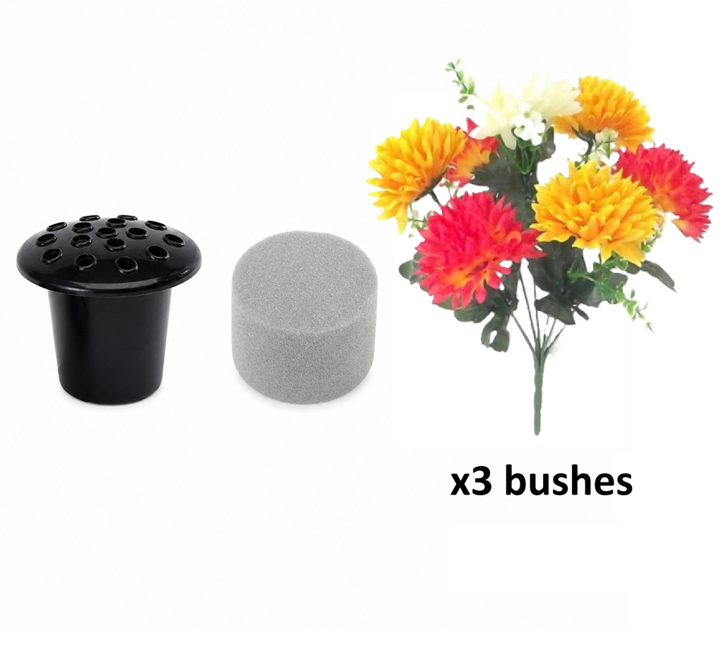 x3 artificial spiky chrysanthemum bushes with 7 autumn blooms; pot and grey foam included