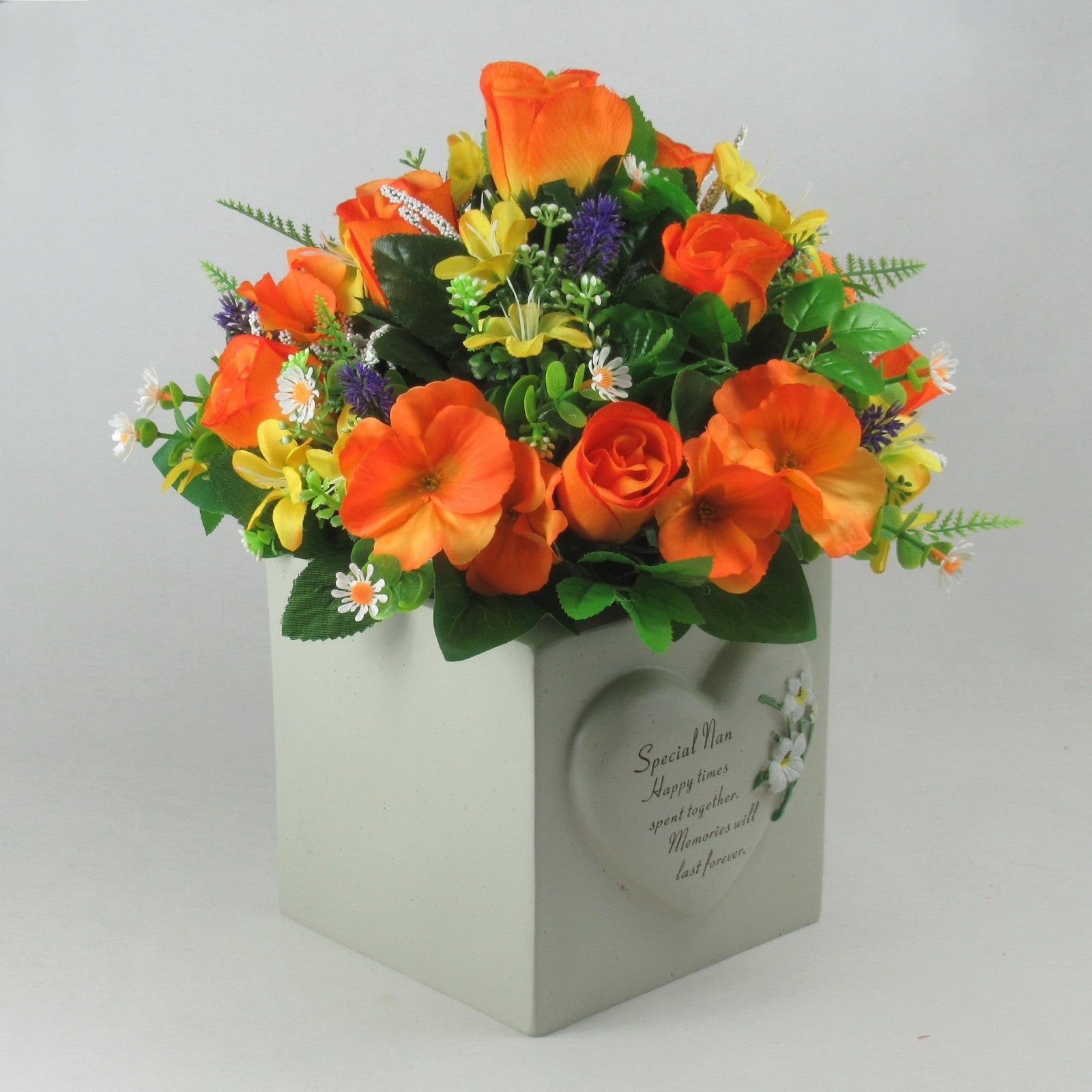 Artificial Grave Flower Arrangement with Roses Pansies 26cm Long Lasting