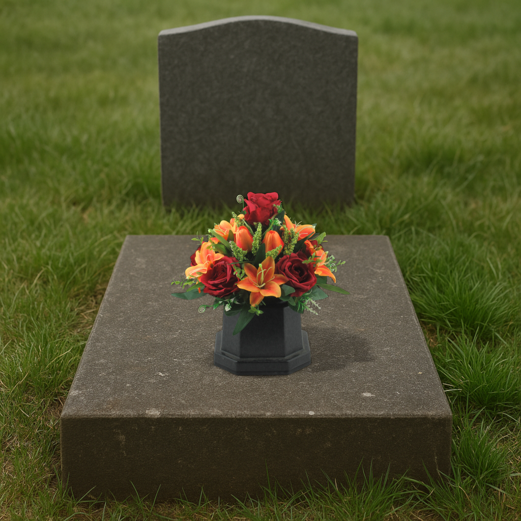 Autumn Artificial silk flowers grave pot arrangement Warm Colours 27.5 cm