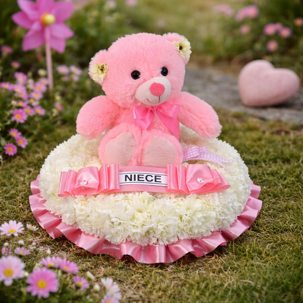 Artificial Silk Funeral Flower Child Wreath with Teddy Bear Memorial Grave