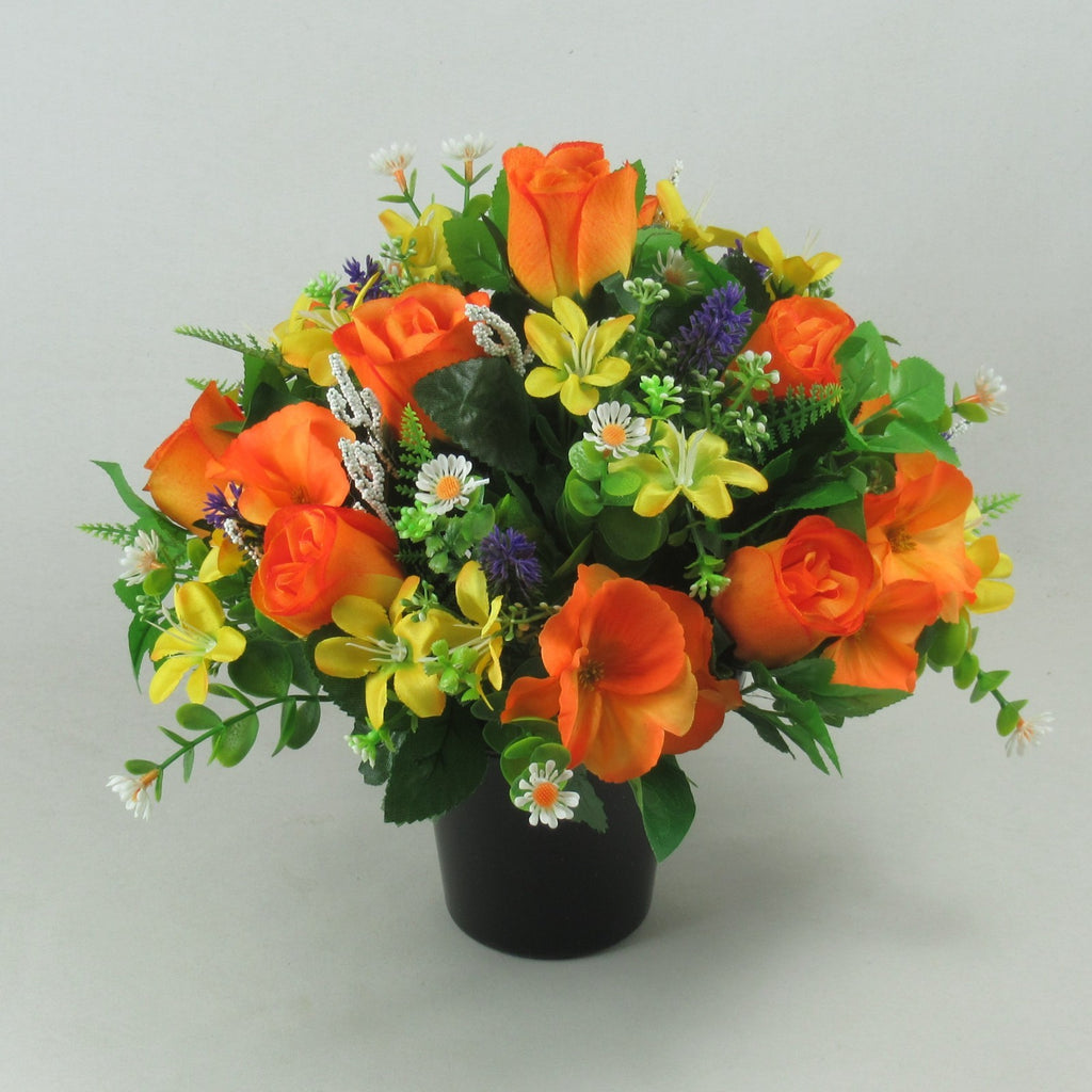 Artificial Grave Flower Arrangement with Roses Pansies 26cm Long Lasting