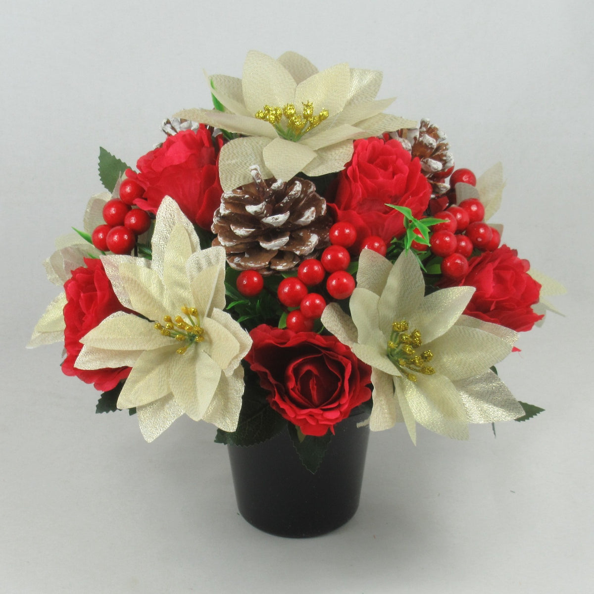 Christmas grave flower arrangement - gold poinsettias, roses, pinecones 26cm