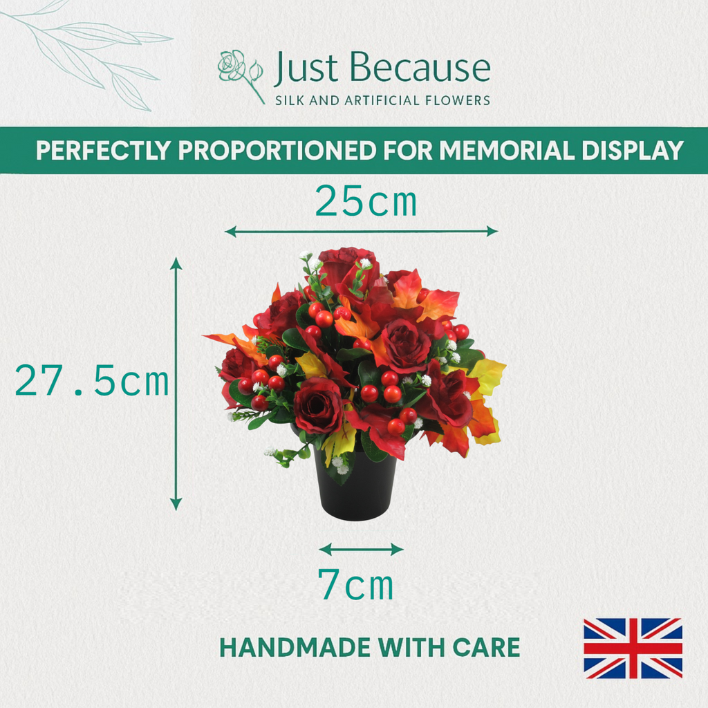 Autumn artificial grave arrangement in black pot, red roses and berries, approx 25 cm