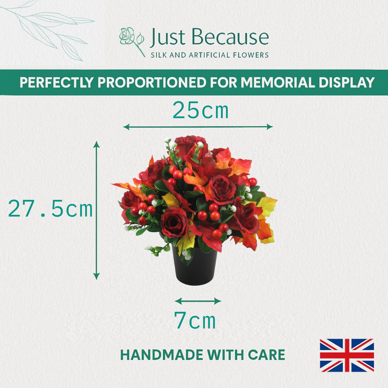 Autumn artificial grave arrangement in black pot, red roses and berries, approx 25 cm