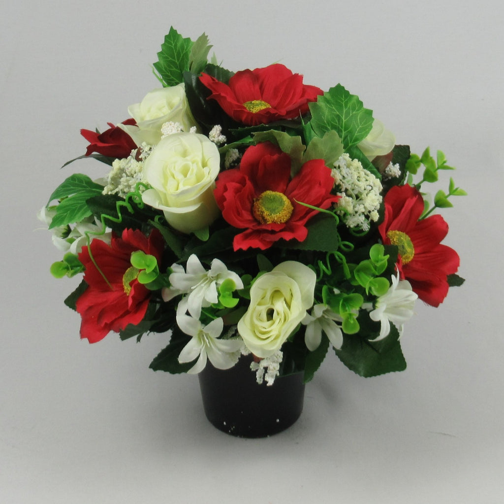 Artificial silk flowers memorial grave arrangement red and ivory HandMade