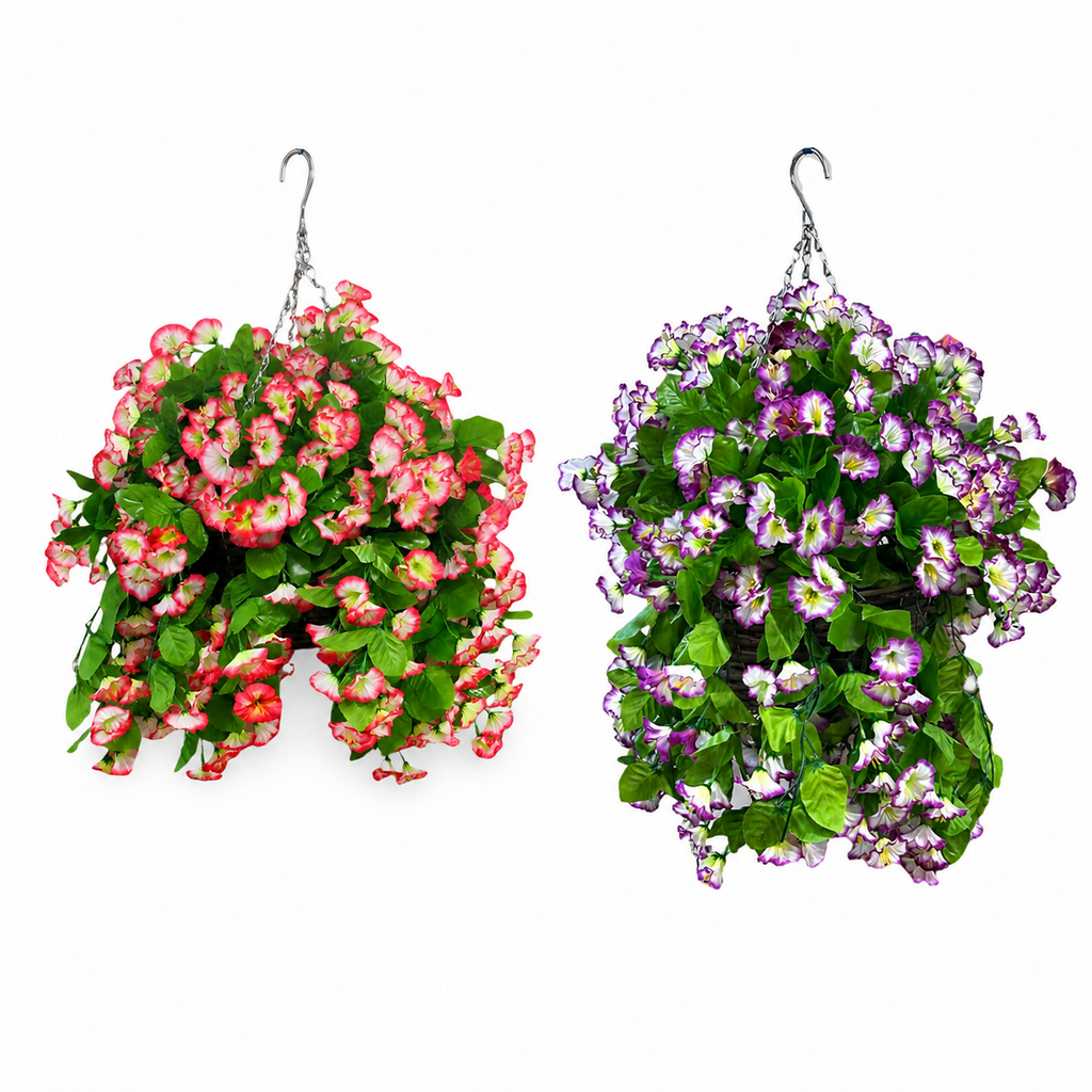 Artificial trailing morning glory hanging basket with hanging chain, pink and purple flowers