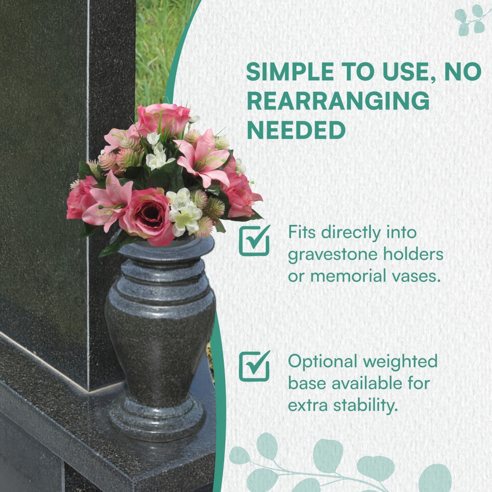 Artificial Grave Flower Arrangement in Pot Pink rose lily 26cm Long Lasting