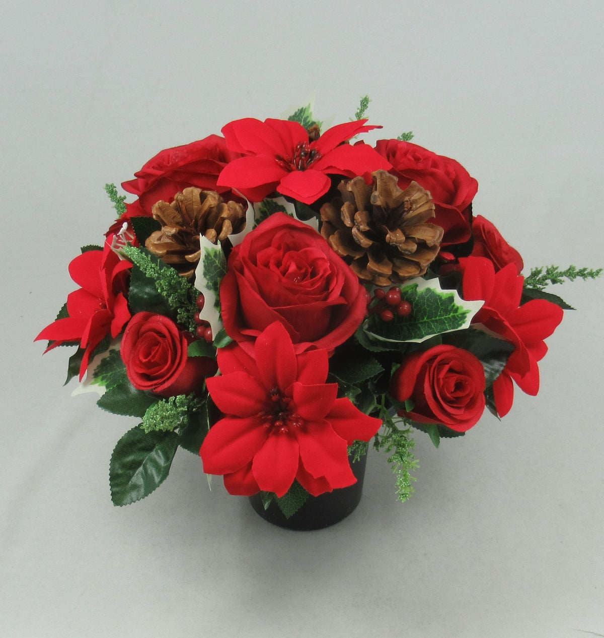 Christmas grave flower arrangement 26cm red poinsettia holly pinecones