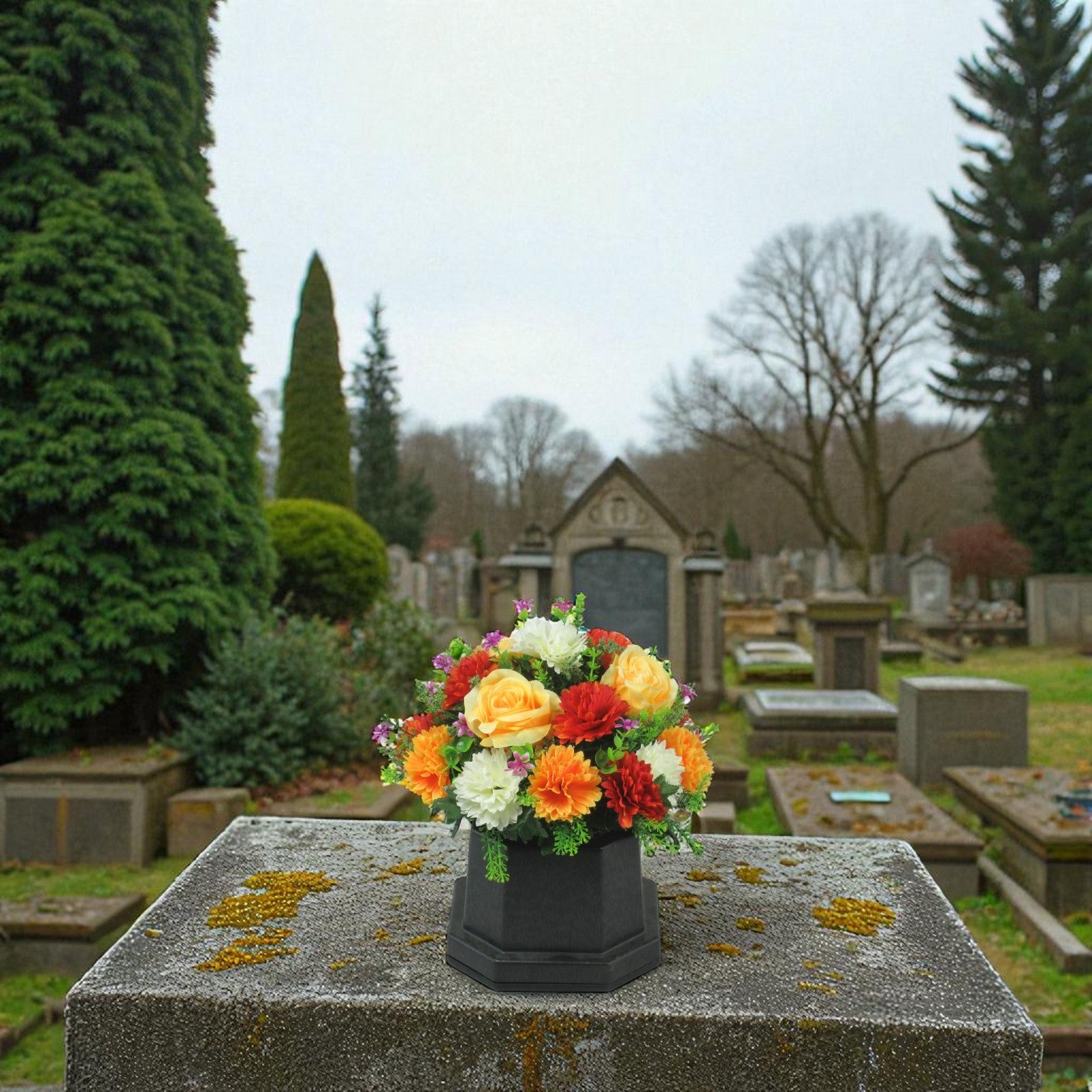 Artificial Grave Flower Arrangement with Roses Chrysanthemums 27cm Long Lasting