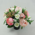 Artificial silk memorial grave pot bouquet with pink and white roses and greenery