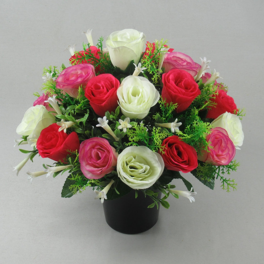 Artificial silk Grave flowers in memorial pot Pink Rosebuds Long Lasting 25cm