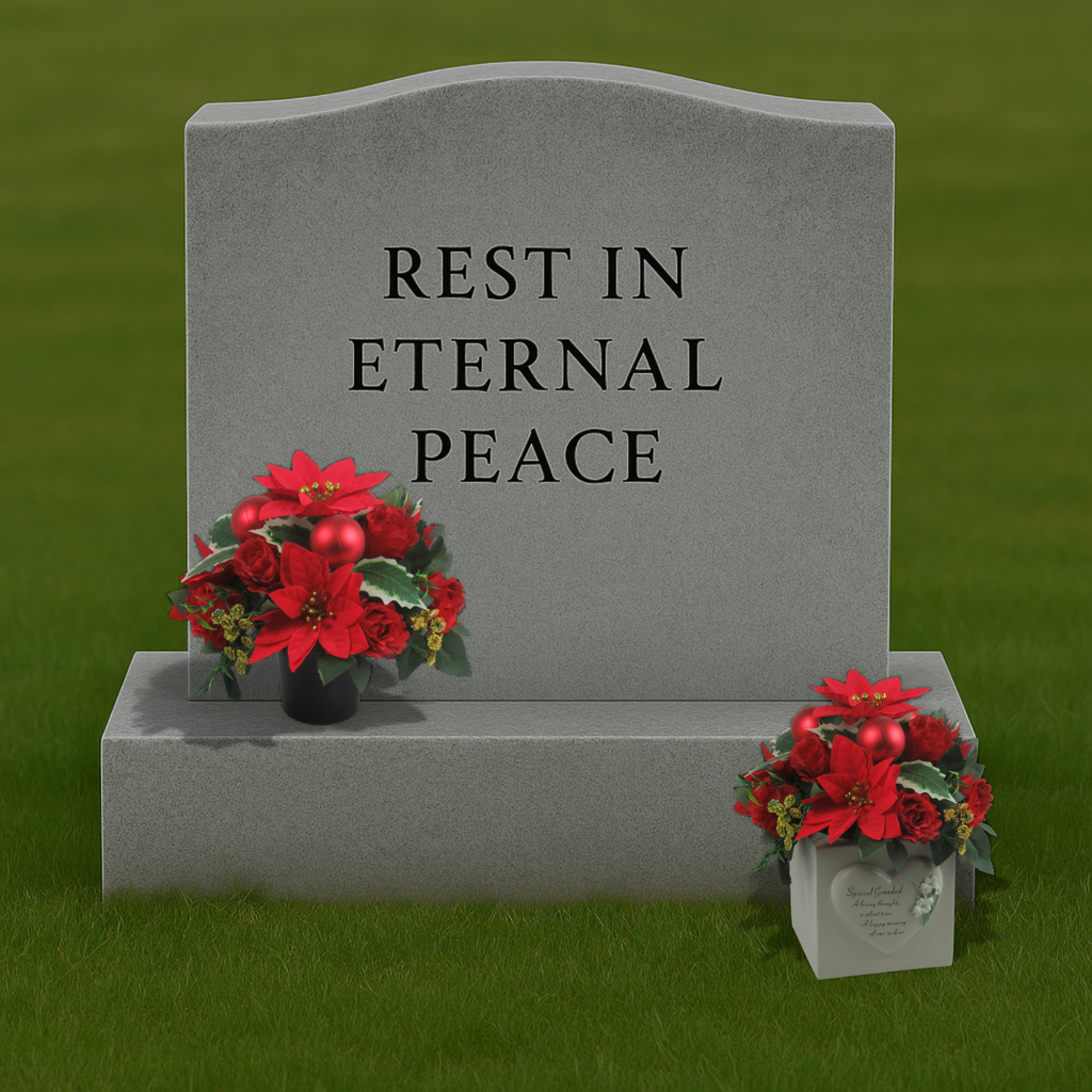 Christmas grave flower arrangement - red poinsettias, baubles 25cm