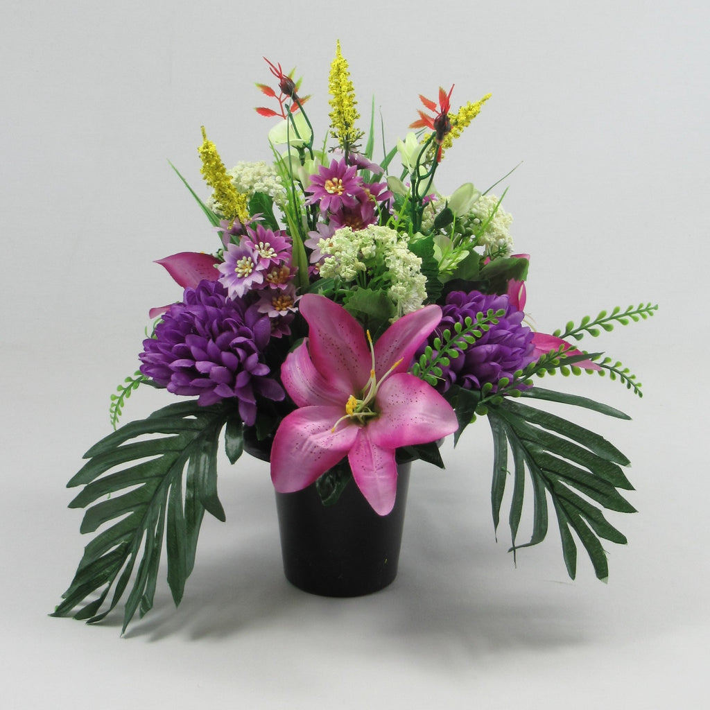 Modern style grave flower arrangement with purple chrysanthemums artificial