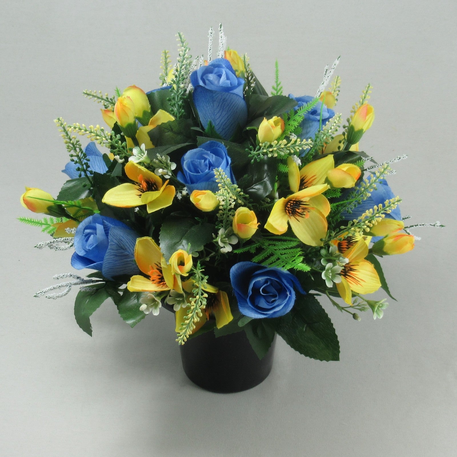 Artificial Grave Flower Arrangement in Pot Blue Roses 25cm Long Lasting