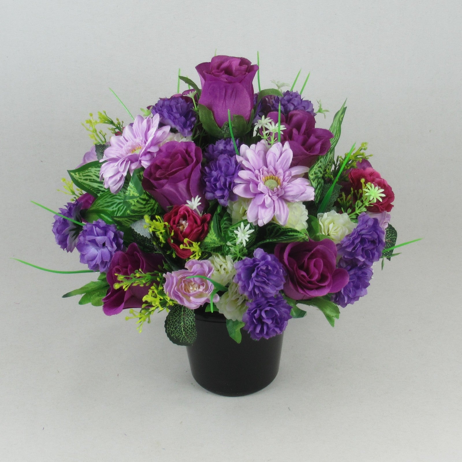 Artificial Grave Flower Arrangement in Pot Purple Lilac 26cm Long Lasting