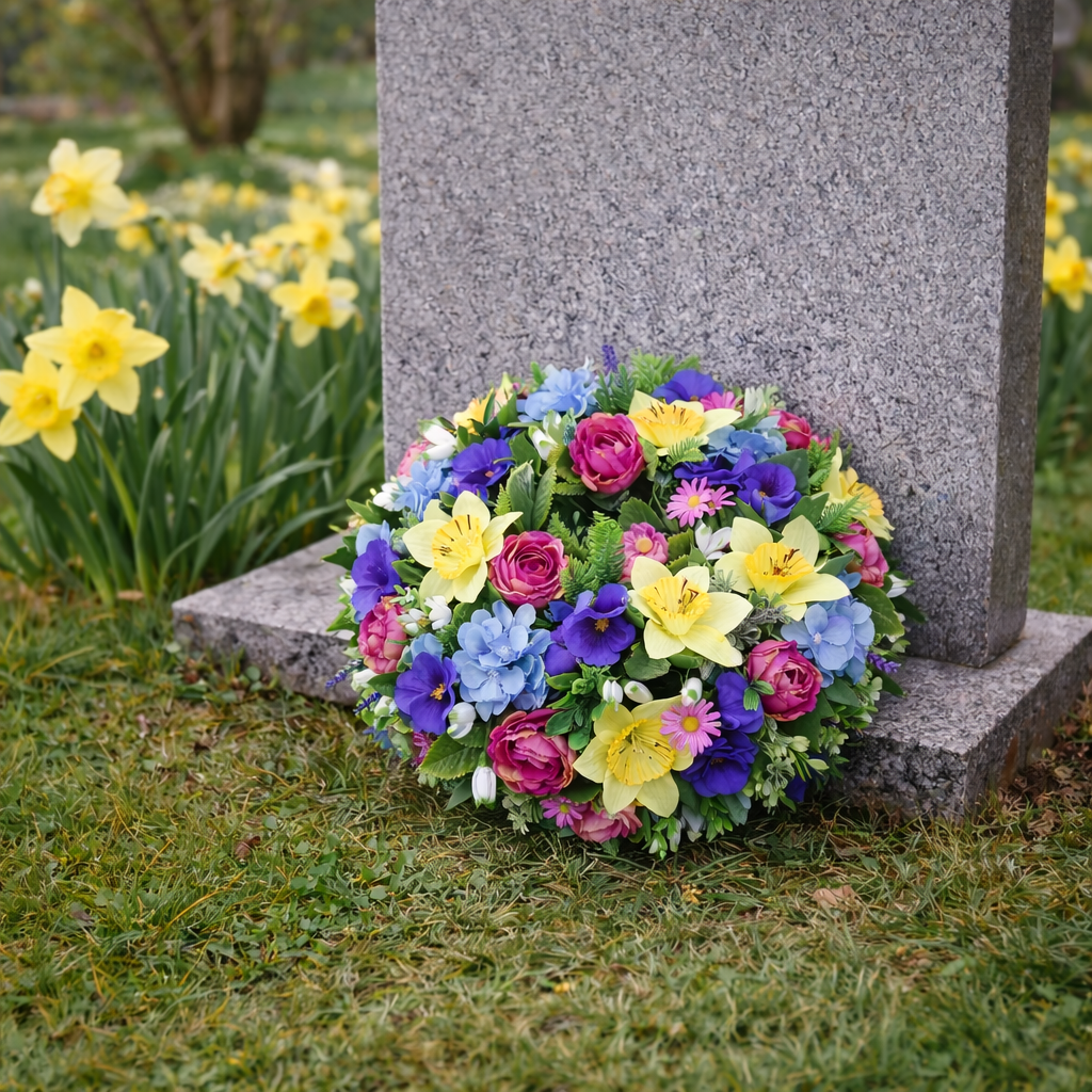 Artificial flower wreath, 15in, dense mix of purple, pink, yellow and light-blue blooms
