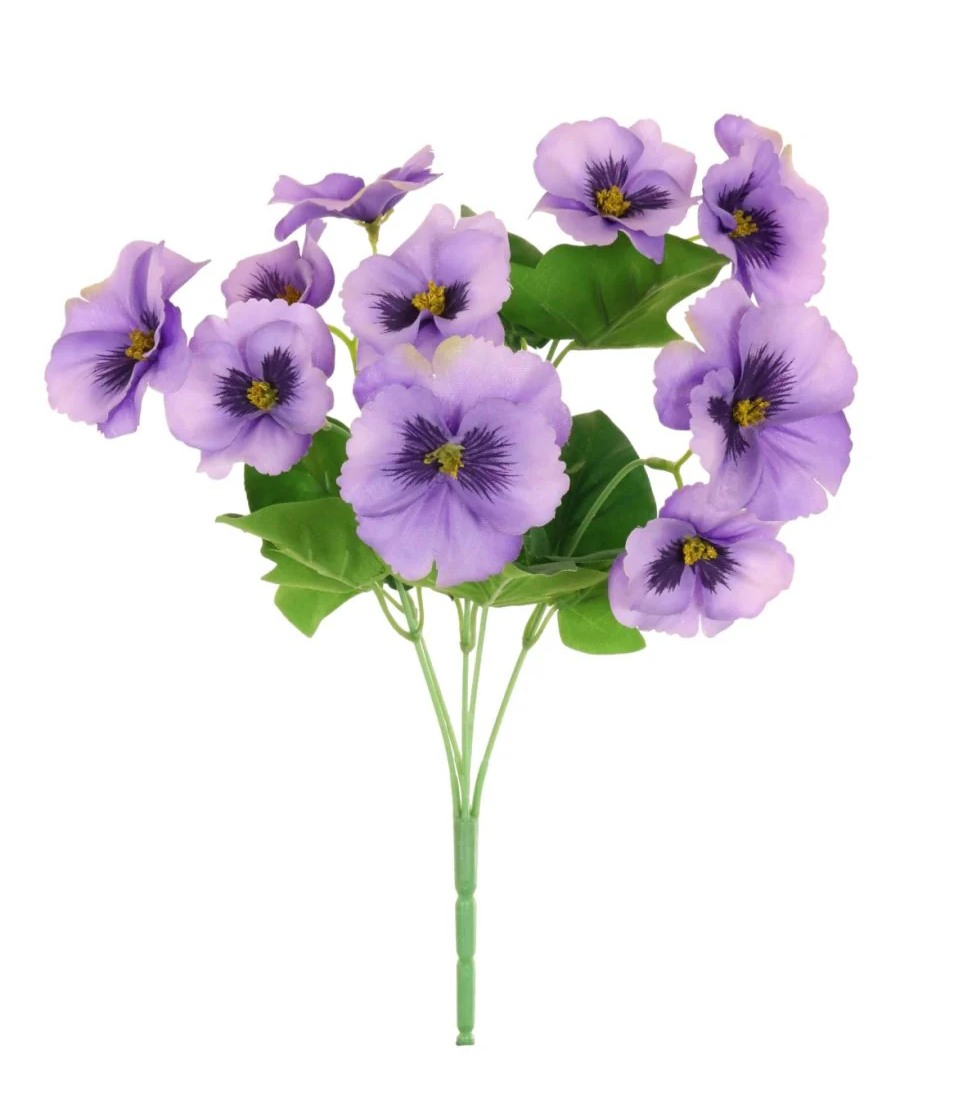Artificial silk pansy bunch with light lavender-purple blossoms and green leaves