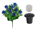 Royal blue artificial rosebud bouquet with green foliage and white dry foam