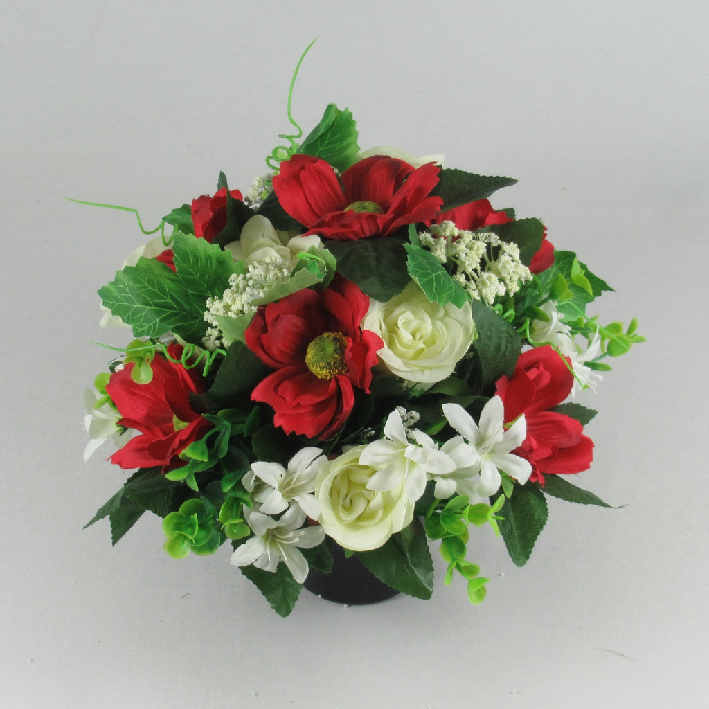 Artificial silk flowers memorial grave arrangement red and ivory HandMade