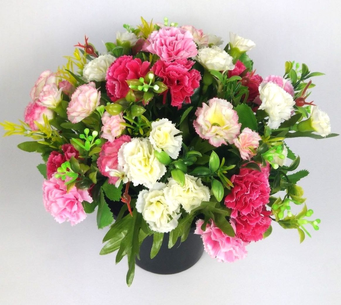 Artificial mini-carnation grave memorial pot bouquet with pink and white blooms, dark pot