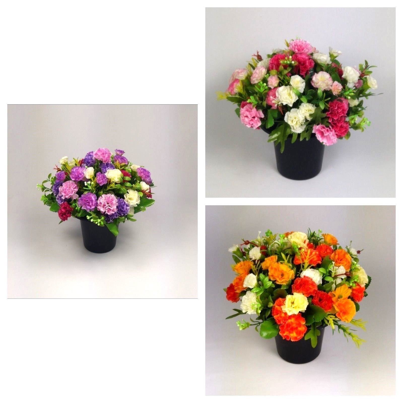 Artificial mini-carnation grave memorial pot arrangements, multiple colors in small dark pots