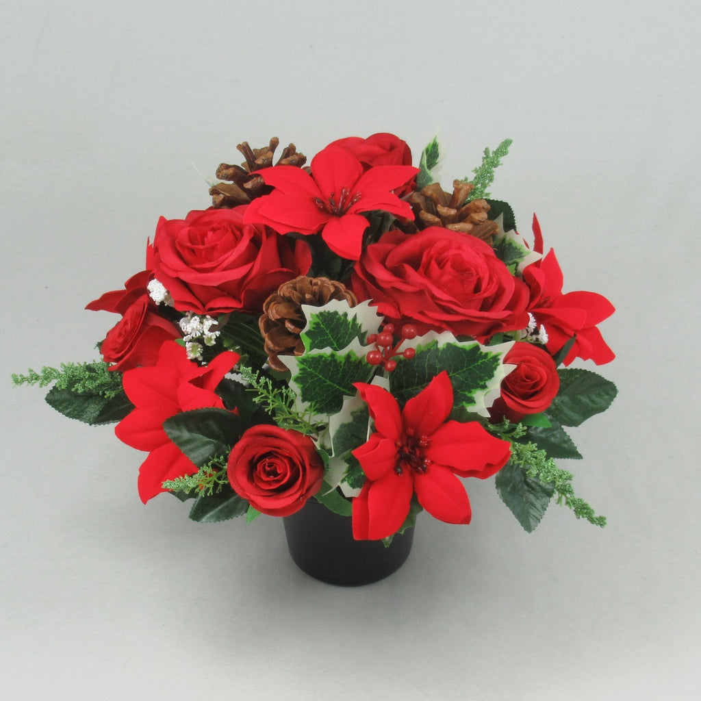 Christmas grave flower arrangement 26cm red poinsettia holly pinecones