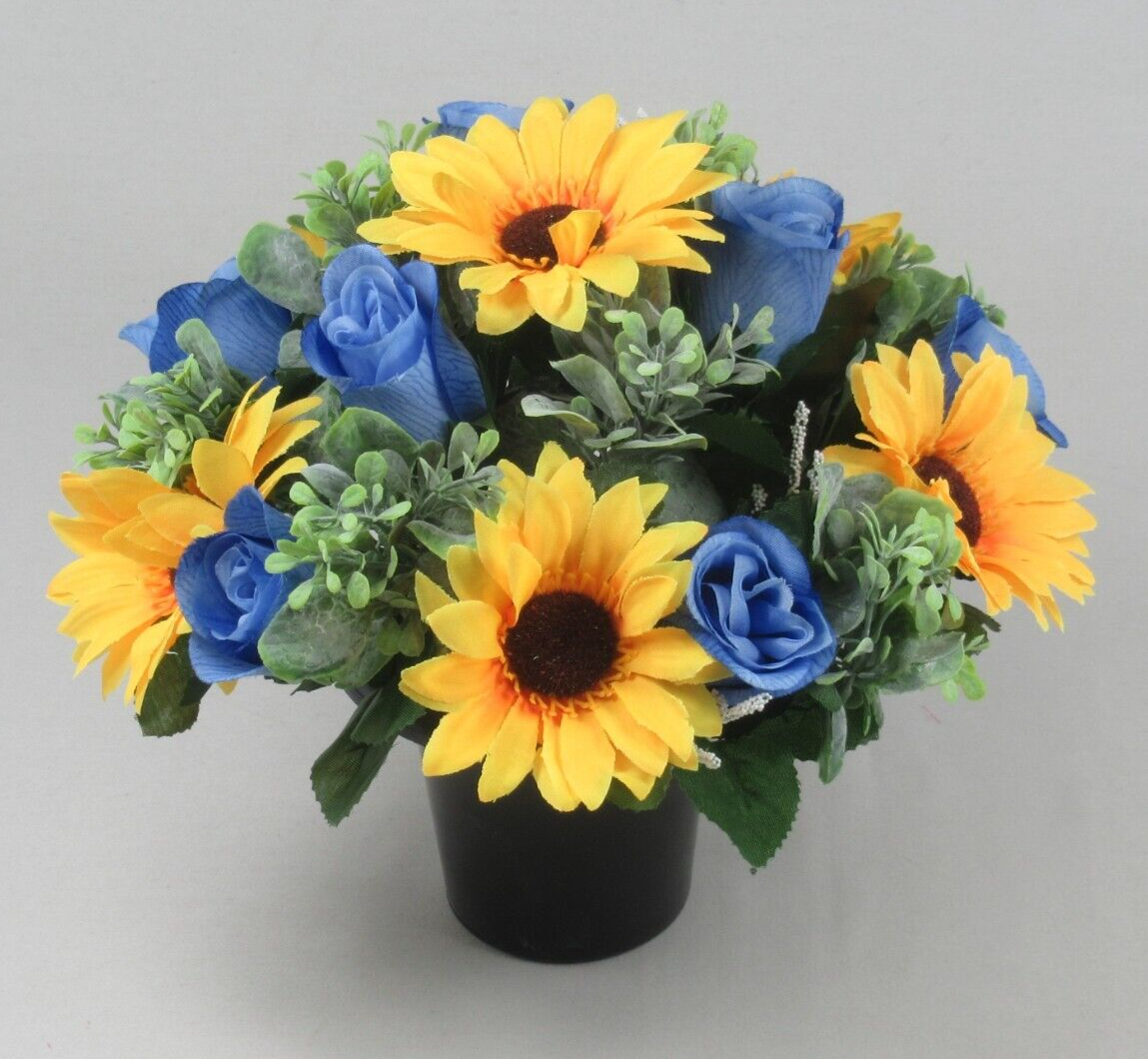 Sunflower and blue rose artificial grave arrangement in black memorial pot