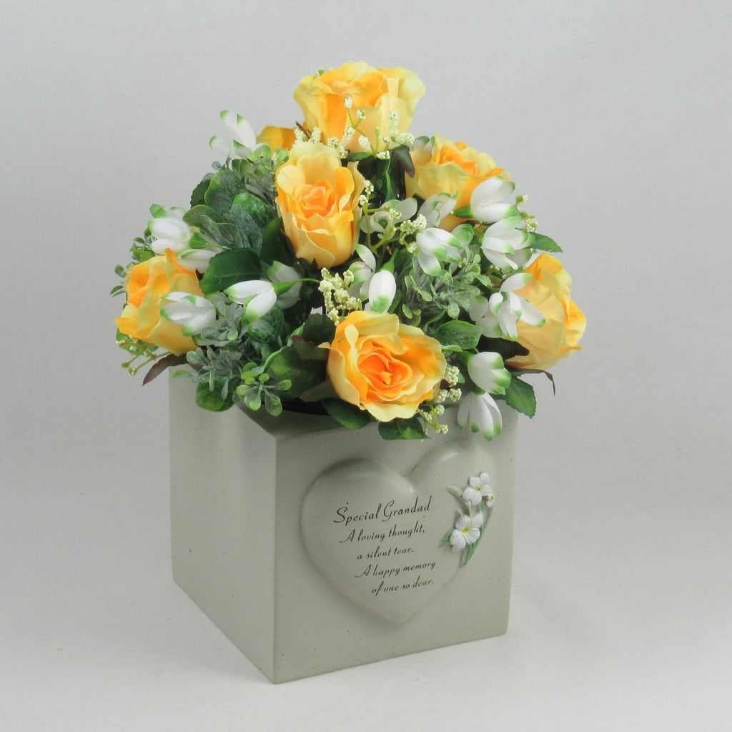Artificial Grave Flower Arrangement in Pot Snowdrops Roses 25cm Long Lasting