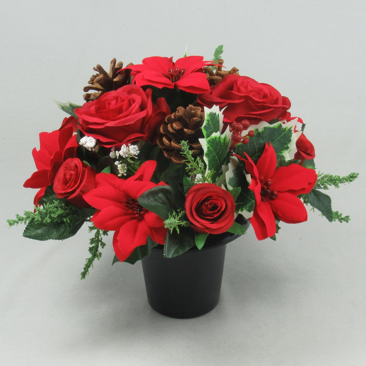 Christmas grave flower arrangement 26cm red poinsettia holly pinecones