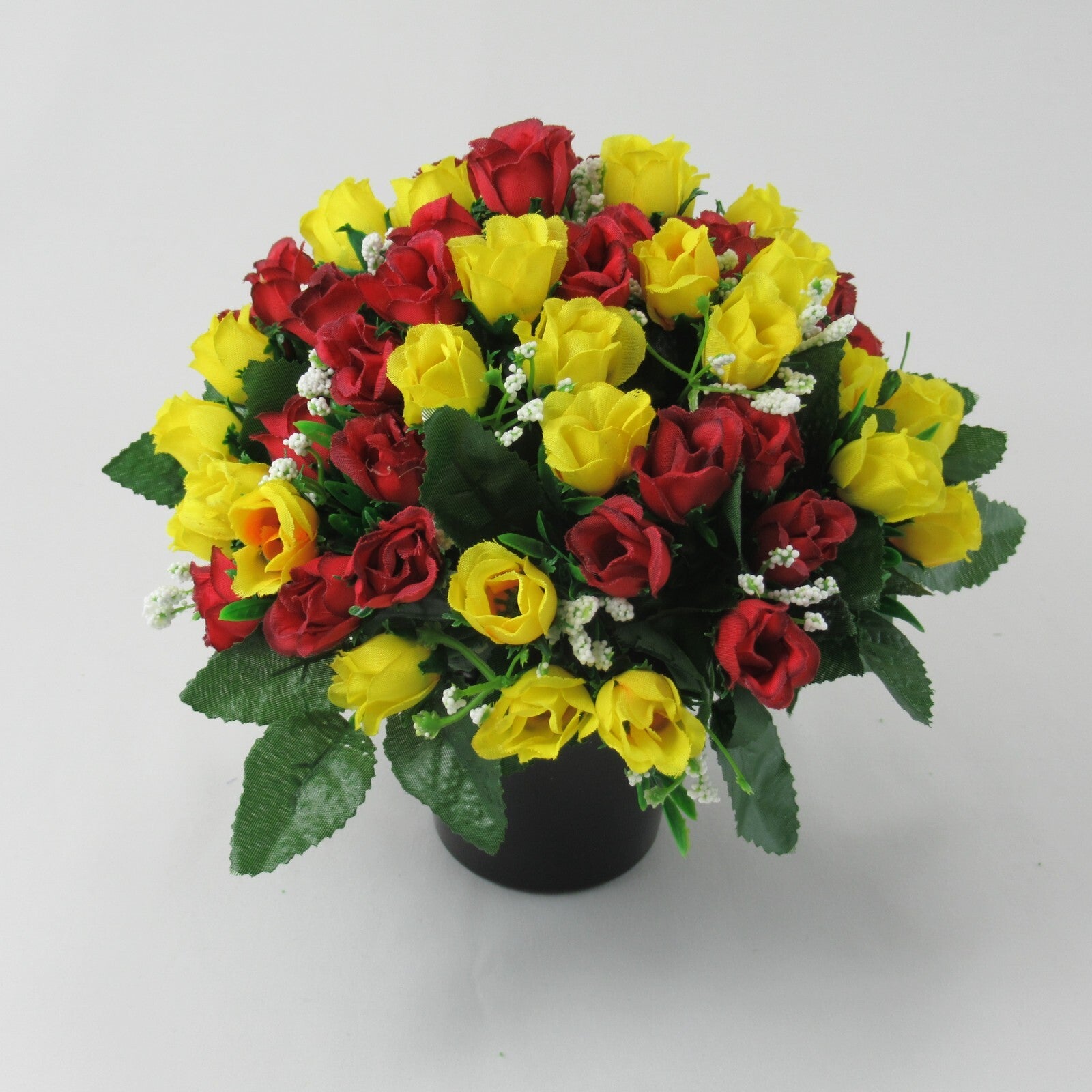 Red & yellow artificial silk memorial grave flower arrangement, 23cm, in black pot