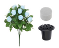 Pale blue artificial rosebud bouquet with green foliage and white dry foam