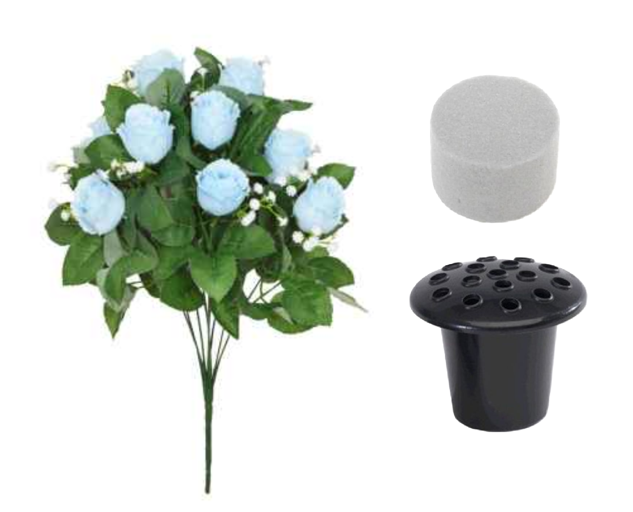 Pale blue artificial rosebud bouquet with green foliage and white dry foam