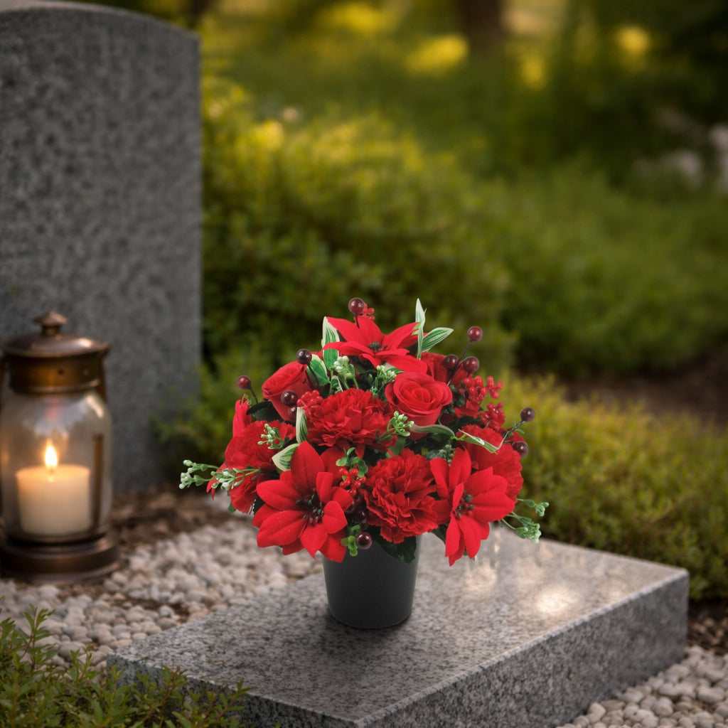 Christmas grave flower arrangement - red poinsettias, rose, carnations 24cm