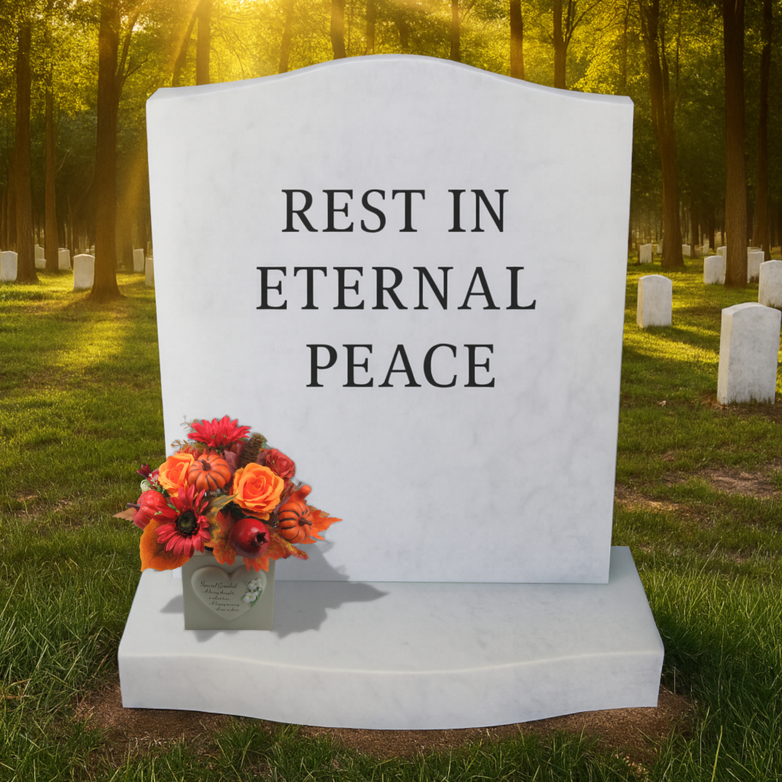 REST IN ETERNAL PEACE memorial stone with autumn artificial gravepot flowers in light-colored pot
