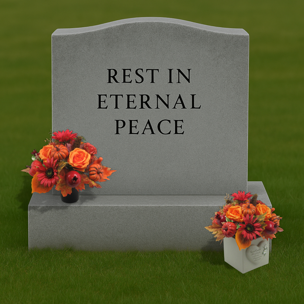Memorial grave marker reading REST IN ETERNAL PEACE with autumn flower pots and pumpkins