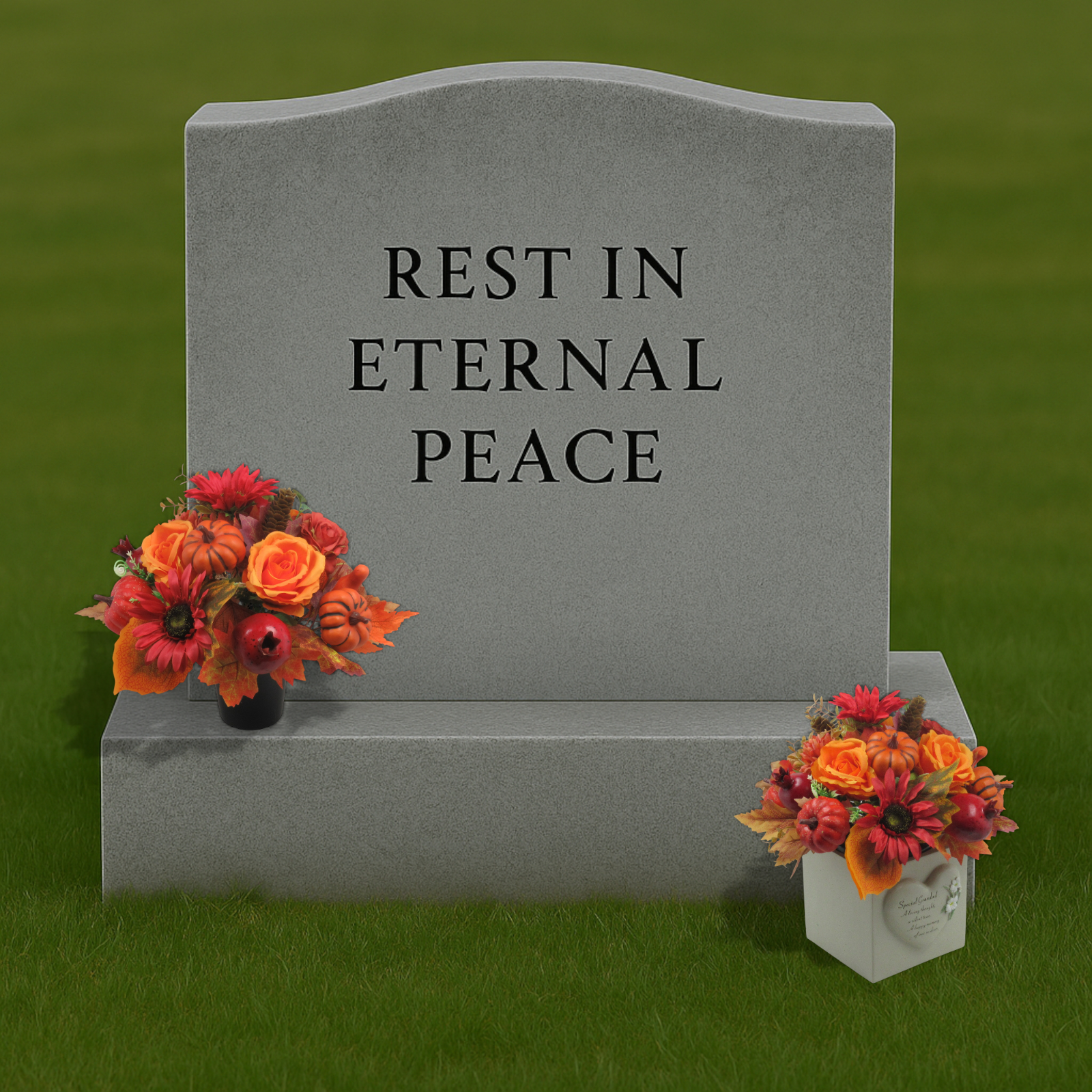 Memorial grave marker reading REST IN ETERNAL PEACE with autumn flower pots and pumpkins