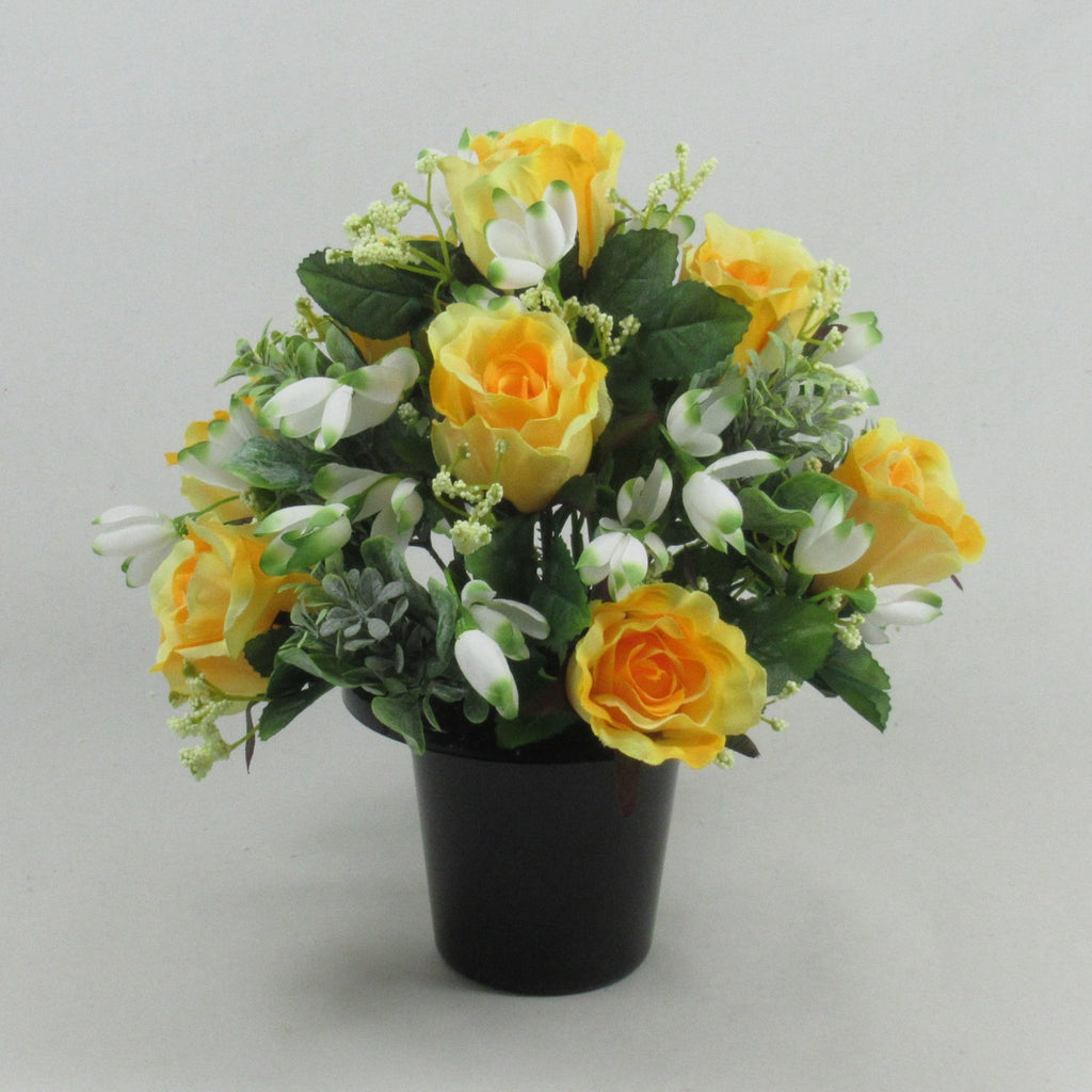 Artificial Grave Flower Arrangement in Pot Snowdrops Roses 25cm Long Lasting