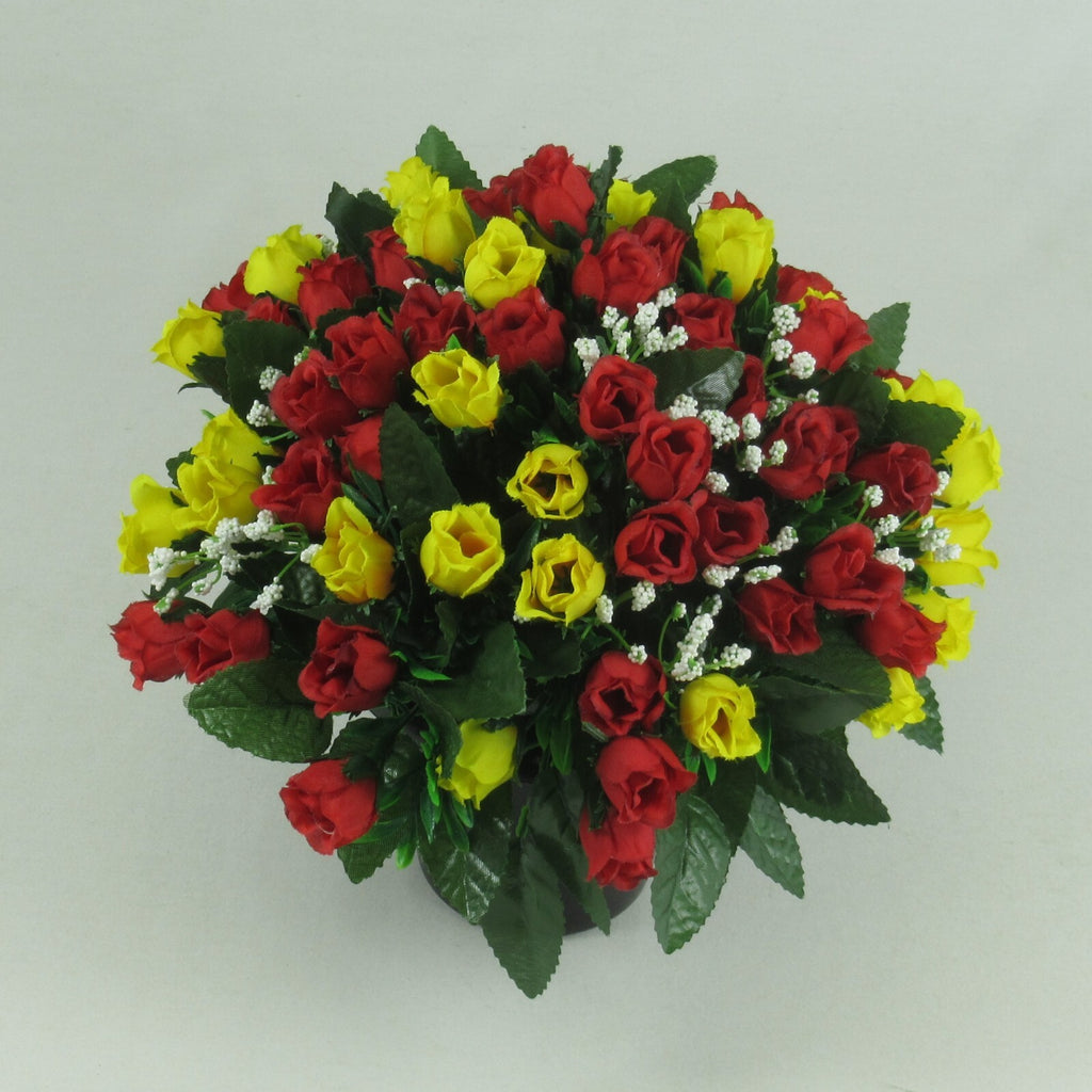Red and yellow artificial silk grave flower arrangement, 23cm, dense bouquet in black pot